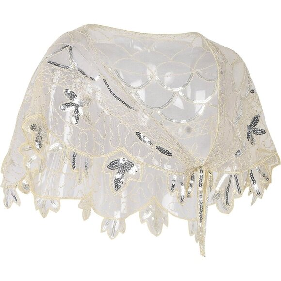 PrettyGuide Women's Silver Beige 1920s Shawl Beaded Evening Wraps Flapper Bolero - Picture 3 of 5